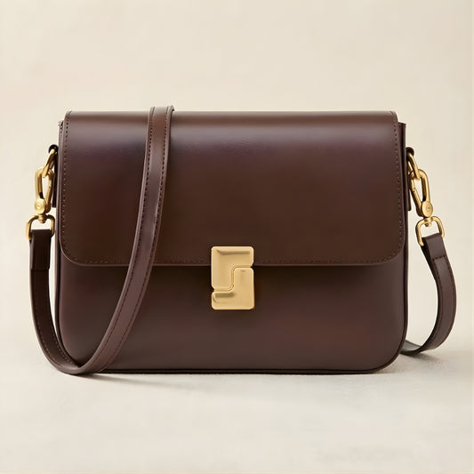 Véroi – Fyrkantig Axelremsväska i Äkta Läder med Crossbody-rem & Gulddetaljer