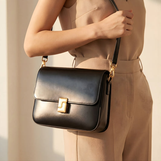 Véroi – Fyrkantig Axelremsväska i Äkta Läder med Crossbody-rem & Gulddetaljer